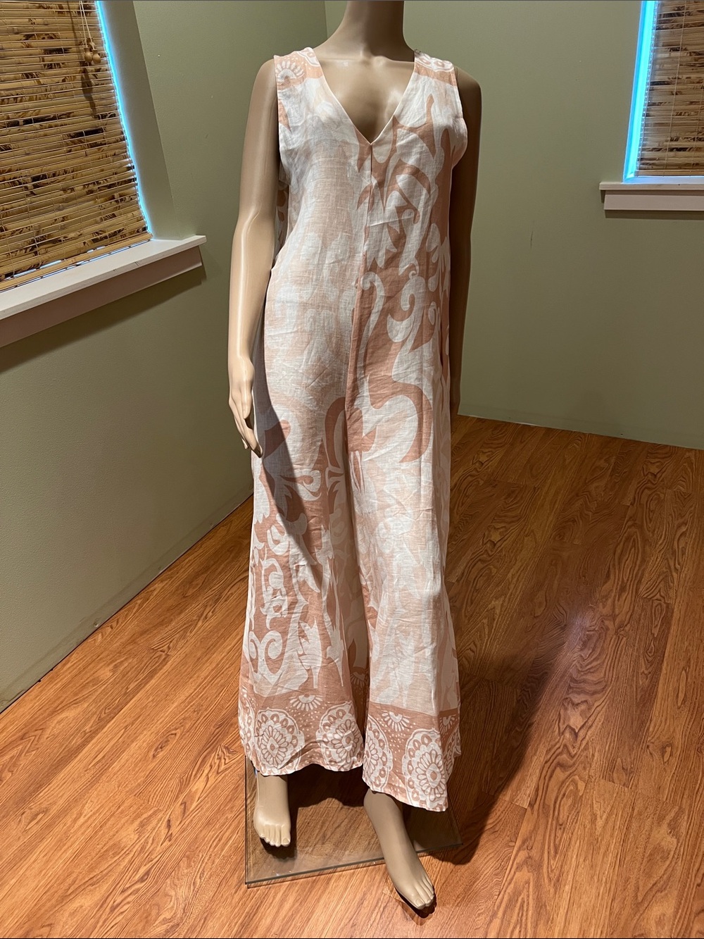 Sleeveless V-Neck Printed Linen Jumpsuit in tan and White Size M